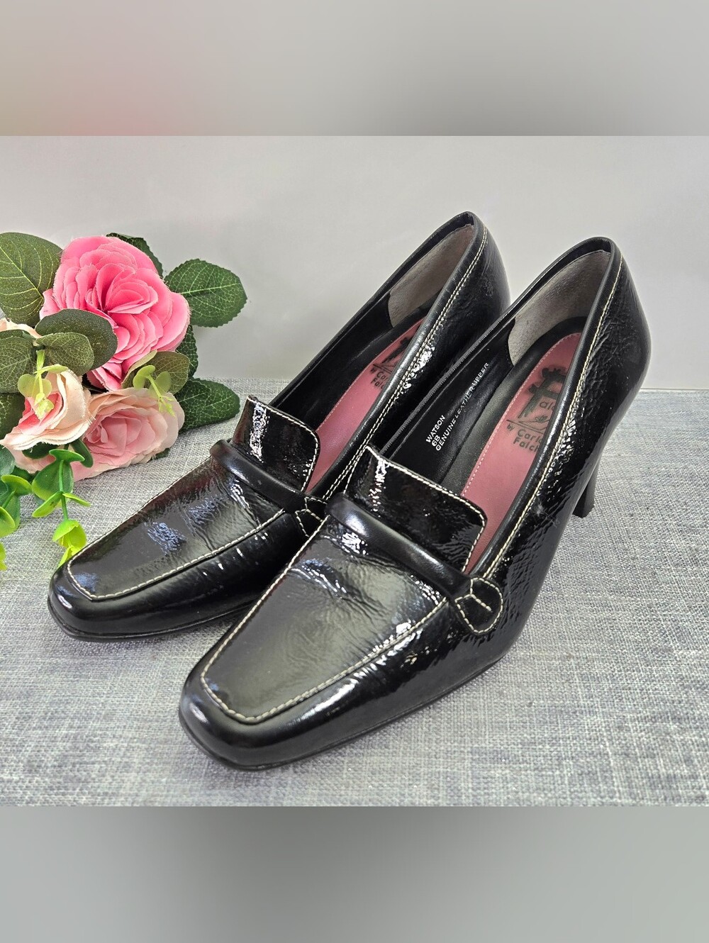 Vintage Carlos Falchi Black Patent Leather Loafer Pumps Heels Square Toe Size 6B